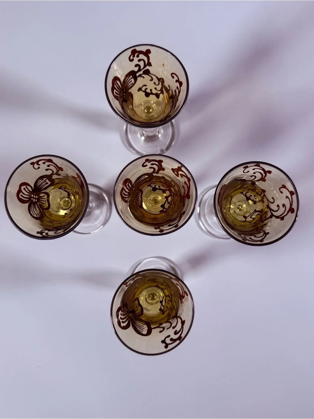 Vintage Bohemian Amber Hand Painted Scroll Design Cordial Glasses, set of 5